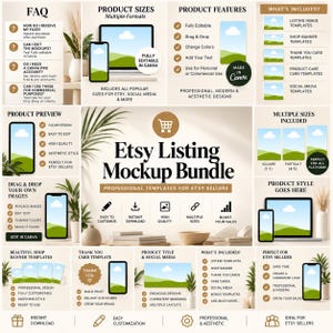 May include: An Etsy listing mockup bundle featuring digital templates for shop banners, thank you cards, and social media. The graphic includes text, icons, and device mockups for Canva, highlighting features like drag-and-drop editing, multiple sizes, and instant download capabilities for e-commerce sellers.