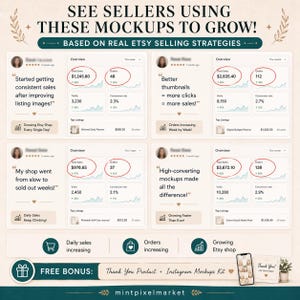 May include: A promotional graphic with the text "SEE SELLERS USING THESE MOCKUPS TO GROW!" and data visualizations showing Etsy shop sales and order increases. Includes a bonus offer for a Thank You product and Instagram mockups.