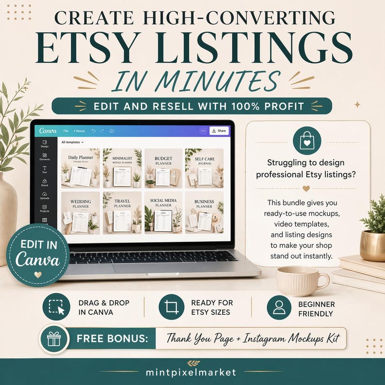 May include: A laptop displays Etsy listing templates, with text reading "CREATE HIGH-CONVERTING ETSY LISTINGS IN MINUTES." Additional text includes "EDIT AND RESELL WITH 100% PROFIT." The image also features a coffee cup and a small potted plant.
