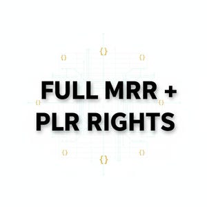 May include: White background with the text "FULL MRR + PLR RIGHTS" in bold black letters. The text is centered, with a plus sign between "MRR" and "PLR". The background has a faint grid pattern and code symbols.
