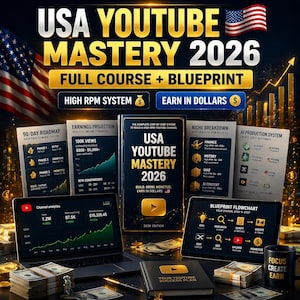 May include: An advertisement for "USA YouTube Mastery 2026" featuring a book, laptop, tablet, and cash. The image includes the American flag and text promoting a full course and blueprint to build a high RPM YouTube channel and earn in dollars.