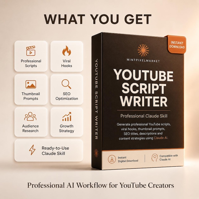 May include: A black and white box labeled YOUTUBE SCRIPT WRITER with text stating Professional Claude Skill and Instant Digital Download. To the left, eight white icons represent features including Professional Scripts, Viral Hooks, Thumbnail Prompts, SEO Optimization, Audience Research, Growth Strategy, and Ready-to-Use Claude Skill.