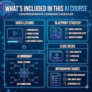 May include: A blue graphic with the text "WHAT'S INCLUDED IN THIS AI COURSE" and "COMPREHENSIVE LEARNING MODULES." The image is divided into sections: Video Lessons, Blueprint Strategy, Slide Decks, AI Mindmap, and Infographic Guides.