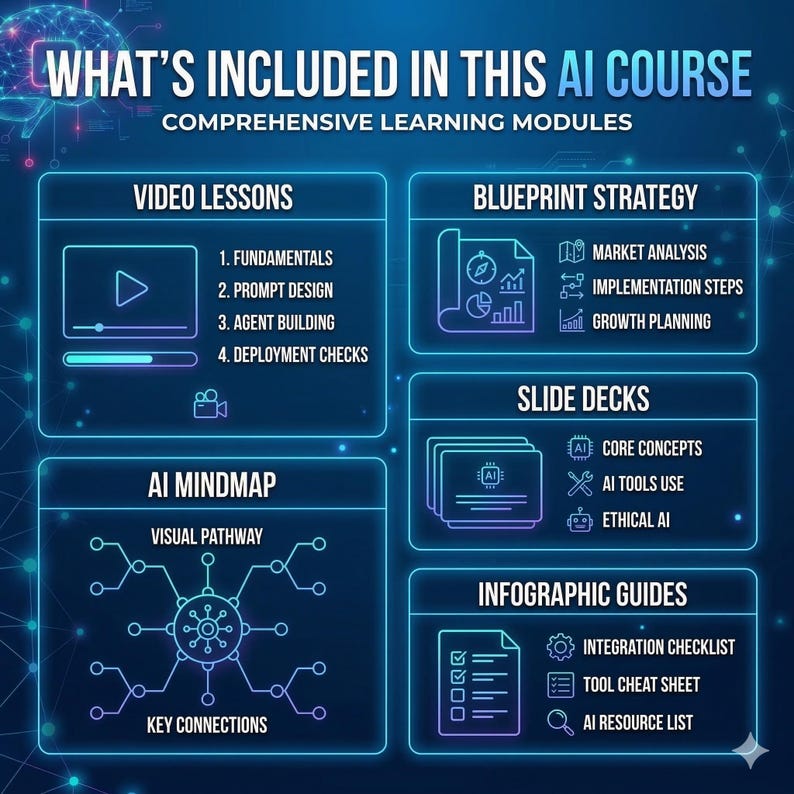 May include: A blue graphic with the text "WHAT'S INCLUDED IN THIS AI COURSE" and "COMPREHENSIVE LEARNING MODULES." The image is divided into sections: Video Lessons, Blueprint Strategy, Slide Decks, AI Mindmap, and Infographic Guides.