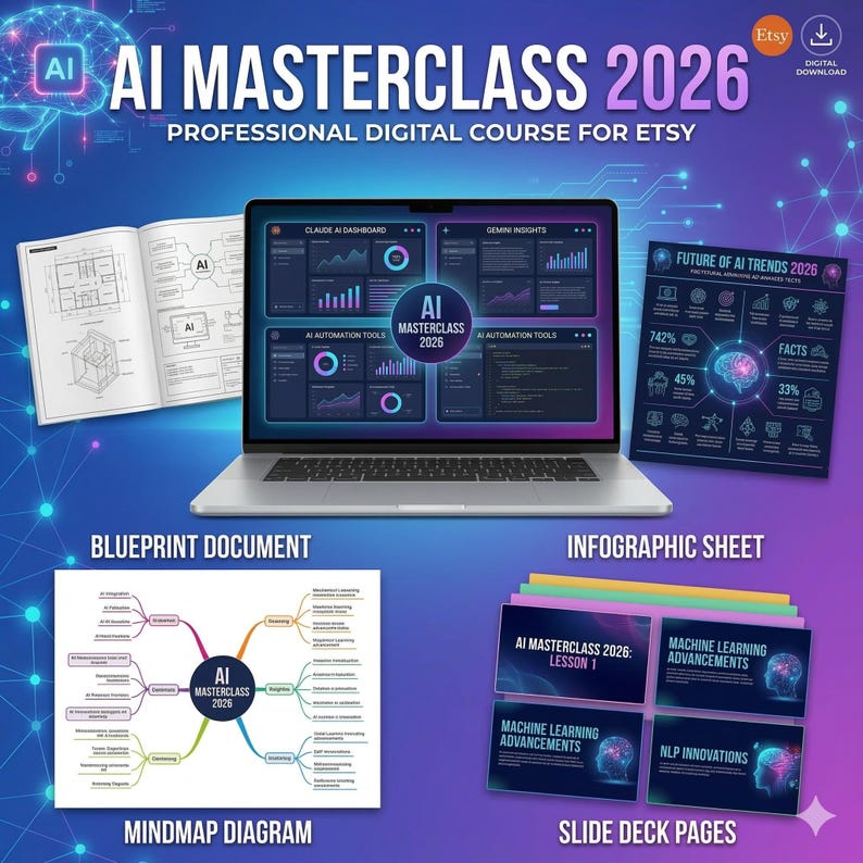 May include: An advertisement for an AI Masterclass 2026 digital course for Etsy. The image includes a laptop displaying dashboards, a blueprint document, an infographic sheet, a mindmap diagram, and slide deck pages. The color scheme is blue and purple.
