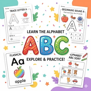 alphabet worksheets, kids activity book, preschool learning, abc tracing pages, printable workbook, toddler worksheets, alphabet flashcards, learn abc printable, kids learning bundle, tracing letters pdf, homeschool printable, plr printable kids, mlr kids bundle