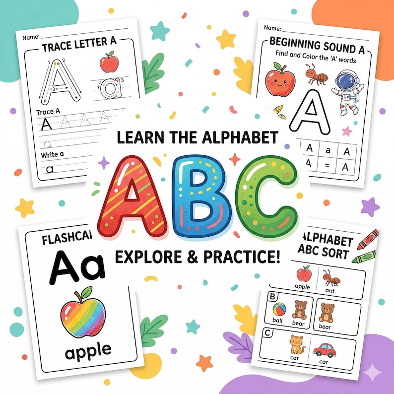 alphabet worksheets, kids activity book, preschool learning, abc tracing pages, printable workbook, toddler worksheets, alphabet flashcards, learn abc printable, kids learning bundle, tracing letters pdf, homeschool printable, plr printable kids, mlr kids bundle