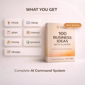 May include: A digital product cover titled 100 BUSINESS IDEAS WITH CLAUDE, featuring a list of commands including /think, /deep, /plan, /money, /product, and /design. The text includes FREE BONUS, Start Your AI Income System, and Instant Download | PLR + MRR.