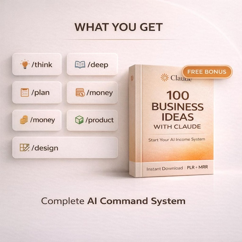 May include: A digital product cover titled 100 BUSINESS IDEAS WITH CLAUDE, featuring a list of commands including /think, /deep, /plan, /money, /product, and /design. The text includes FREE BONUS, Start Your AI Income System, and Instant Download | PLR + MRR.