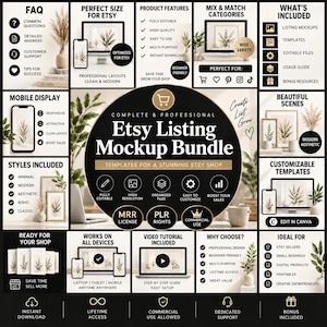 May include: A digital marketing graphic for an Etsy Listing Mockup Bundle featuring text, icons, and product previews. The central black circle displays the title and features, surrounded by panels detailing templates, usage guides, and compatibility.