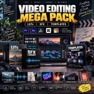 Puede incluir: Un paquete digital de edición de video que incluye una computadora portátil con software de edición, cajas etiquetadas como LUTs Collection, SFX Library y Templates Bundle, con textos superpuestos como Edit, Create, Elevate, No Limits.