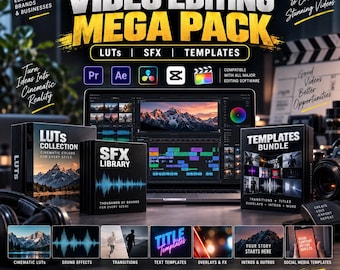 May include: A digital video editing mega pack featuring a laptop displaying editing software, boxes labeled LUTs Collection, SFX Library, and Templates Bundle, with text overlays including Edit, Create, Elevate, No Limits, and Cinematic Reality.