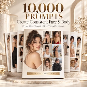 Op de afbeelding: Een digitaal productomslag met de titel 10,000 PROMPTS Create Consistent Face & Body. De omslag bevat een centraal portret van een persoon met bruin haar en een collage van verschillende afbeeldingen die dezelfde persoon in outfits tonen.