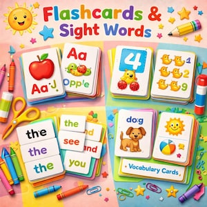 以下が含まれることがあります： 早期学習用のフラッシュカードとサイトワード。画像には、文字、数字、リンゴ、犬、太陽のイラストが描かれたカードが写っています。クレヨン、ハサミ、その他の学用品も表示されています。