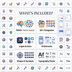 May include: A graphic showcasing digital design elements. The image includes icons, logos, UI elements, shapes, symbols, and typography packs. Text includes "WHAT'S INCLUDED?" and descriptions such as "5000+ Vector Assets" and "50+ Categories."