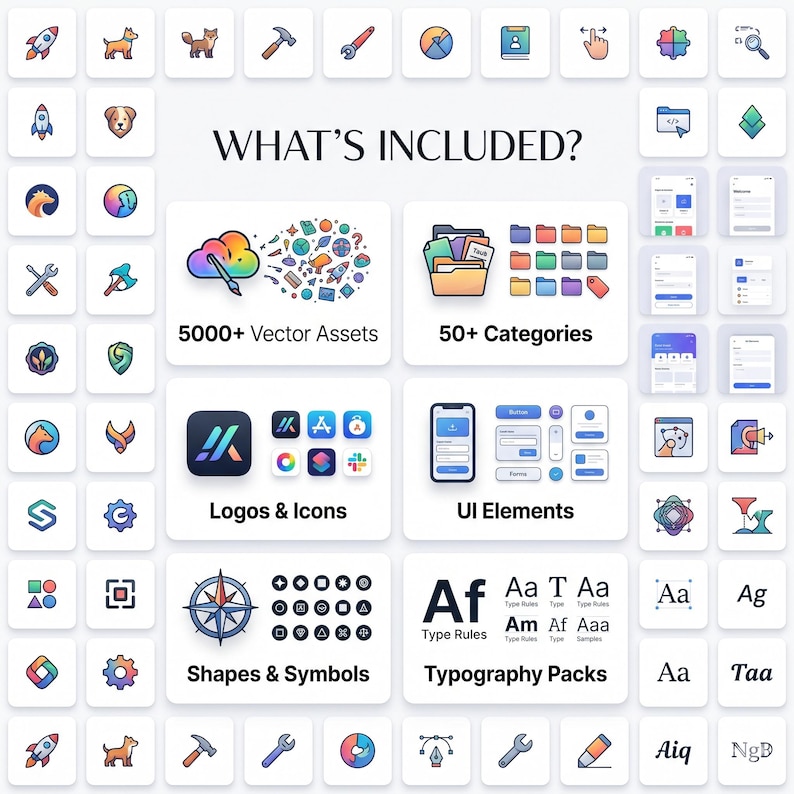 May include: A graphic showcasing digital design elements. The image includes icons, logos, UI elements, shapes, symbols, and typography packs. Text includes "WHAT'S INCLUDED?" and descriptions such as "5000+ Vector Assets" and "50+ Categories."