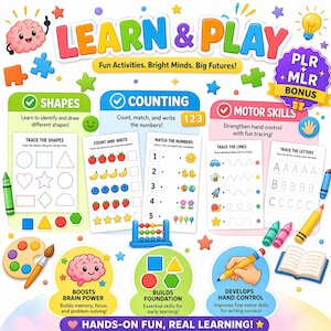 May include: A colorful educational activity set titled LEARN & PLAY featuring sections for SHAPES, COUNTING, and MOTOR SKILLS. The pages include tracing exercises, number matching, and illustrations of fruits, shapes, and letters with crayons.