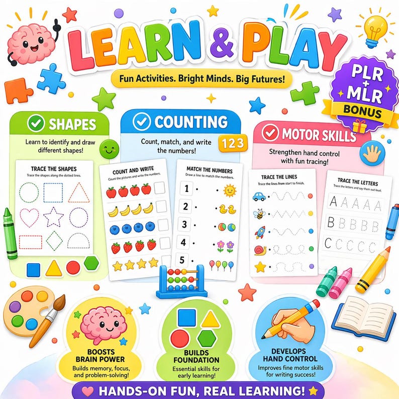 May include: A colorful educational activity set titled LEARN & PLAY featuring sections for SHAPES, COUNTING, and MOTOR SKILLS. The pages include tracing exercises, number matching, and illustrations of fruits, shapes, and letters with crayons.