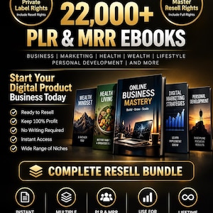Könnte beinhalten: Ein digitales Produktpaket mit über 22.000 PLR- und MRR-E-Books zu Themen wie Business, Marketing, Gesundheit, Wohlstand und Lifestyle. Die Grafik zeigt Buchcover mit Titeln wie Online Business Mastery, Wealth Mindset und Digital Marketing.