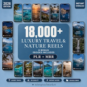 May include: A digital collection of 18,000+ luxury travel and nature reels for 2026, featuring smartphone screen previews of tropical, mountain, and coastal landscapes, plus six bonus ebooks with PLR and MRR access, all presented on a blue background.