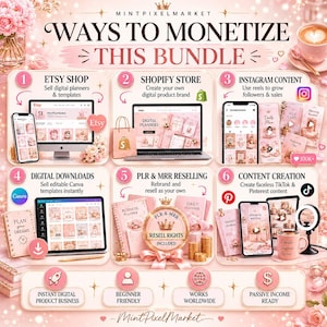 May include: A pink and white graphic promoting digital product business ideas. The image includes text that says "WAYS TO MONETIZE THIS BUNDLE" and showcases Etsy, Shopify, Instagram, Canva, PLR & MRR Reselling, and Content Creation.