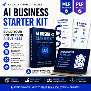 Puede incluir: Un kit de inicio de negocio de IA que incluye una caja azul oscuro, un portátil con un manual de estrategia y documentos impresos de hoja de ruta y plan. El texto incluye Launch, Build, Scale, AI Business Starter Kit e Instant Download.