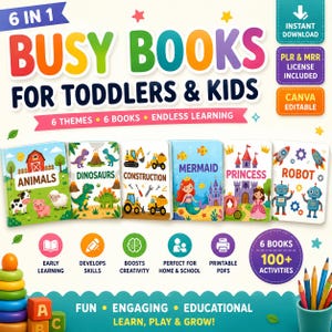 Op de afbeelding: Een 6-in-1 doeboekenset voor peuters en kinderen met zes thema's: dieren, dinosaurussen, bouw, zeemeermin, prinses en robot. Het digitale product bevat bewerkbare Canva-bestanden, PLR- en MRR-licenties en meer dan 100 printbare activiteiten voor vroegtijdig leren en vaardigheidsontwikkeling.