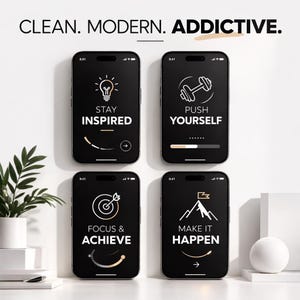 May include: Four black smartphones with motivational phrases: "STAY INSPIRED", "PUSH YOURSELF", "FOCUS & ACHIEVE", and "MAKE IT HAPPEN". The top of the image reads "CLEAN. MODERN. ADDICTIVE."