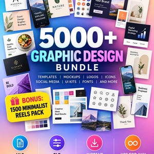 May include: A digital graphic design bundle featuring 5000+ templates, mockups, logos, icons, social media assets, UI kits, and fonts. The display includes a bonus 1500 minimalist reels pack, MLR and PLR licence icons, and an instant download indicator.