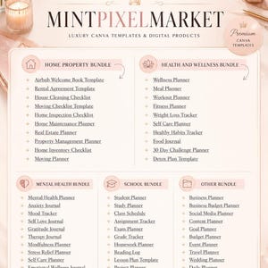 May include: An advertisement for digital Canva templates, including Home Property, Health & Wellness, Mental Health, School, and Other bundles. The design is soft pink with elegant fonts and graphics.