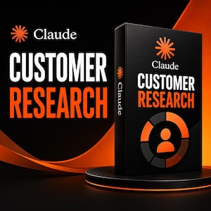 Op de afbeelding: Een zwarte rechthoekige doos met het opschrift Claude Customer Research in witte en oranje tekst. De doos is voorzien van een oranje zonnestraallogo en een cirkelvormige afbeelding met een icoon van een persoon in zwart, wit en oranje.