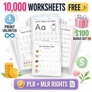 May include: A stack of educational worksheets for tracing letters and numbers. The image includes the text "10,000 WORKSHEETS FREE" and "PRINT UNLIMITED". Additional graphics include a gift box, a dollar sign, and a gold coin stack.