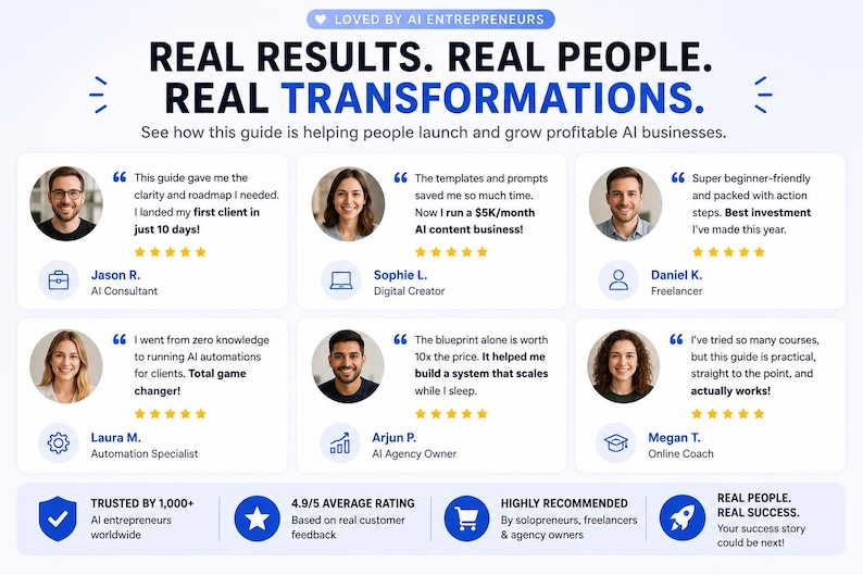 Op de afbeelding: Een testimonial-afbeelding met de tekst REAL RESULTS. REAL PEOPLE. REAL TRANSFORMATIONS. Het toont zes ronde portretten van personen met hun namen, functietitels, vijfsterrenbeoordelingen en geschreven recensies over een AI-bedrijfsgids.