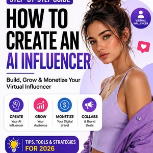 May include: A digital guide titled Step-by-Step Guide How to Create an AI Influencer, featuring text on building, growing, and monetizing a virtual influencer. It includes icons for creating, growing, monetizing, and collabs, plus tips for 2026.