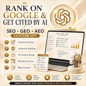 Könnte beinhalten: Eine digitale Marketinggrafik mit dem Text RANK ON GOOGLE & GET CITED BY AI. Sie enthält einen Laptop mit SEO-, GEO- und AEO-Inhaltsstrategien, ein goldenes kreisförmiges Logo und eine Roboter-Kopfbüste auf einem Sockel mit AI SEARCH READY.