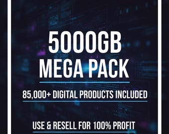 Puede incluir: Anuncio de un paquete de productos digitales con un fondo azul oscuro. El texto dice "5000GB MEGA PACK" y "85.000+ PRODUCTOS DIGITALES INCLUIDOS". El texto inferior indica "USE & RESELL FOR 100% PROFIT".