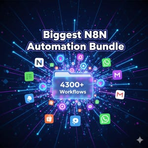 May include: A digital graphic promoting the "Biggest N8N Automation Bundle." The image features a central folder icon with "4300+ Workflows" and various app icons radiating outwards. The background is a dark blue with glowing lines.