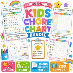 Kids Chore Chart Bundle – Weekly & Monthly Chore Planner, Routine Tracker, Reward Chart, Printable PDF Digital Download