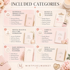 May include: An image showcasing various planner categories, including business, budget, mental health, family, daily, and goal planning. Each category is represented with a title, a list of related planners, and a planner book. The image has a soft, feminine aesthetic.