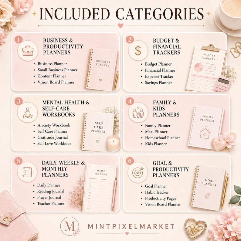 May include: An image showcasing various planner categories, including business, budget, mental health, family, daily, and goal planning. Each category is represented with a title, a list of related planners, and a planner book. The image has a soft, feminine aesthetic.