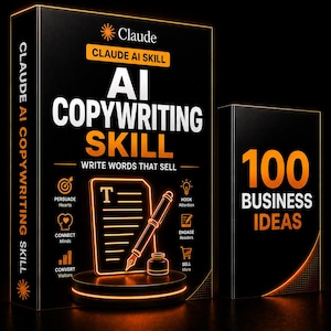 Puede incluir: Dos cajas rectangulares negras con contornos de estilo neón naranja. La caja más grande presenta el texto CLAUDE AI SKILL, AI COPYWRITING SKILL, WRITE WORDS THAT SELL e iconos. La caja más pequeña muestra el texto 100 BUSINESS IDEAS.