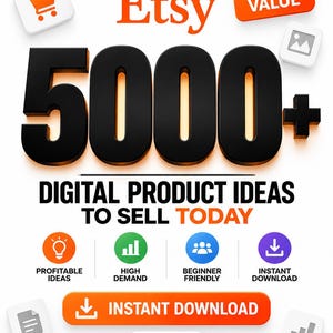 Puede incluir: Un gráfico digital con el texto Etsy 5000+ DIGITAL PRODUCT IDEAS TO SELL TODAY y 2026. Incluye iconos de compras, imágenes, bombillas, gráficos, personas y descargas, con etiquetas para Profitable Ideas, High Demand e Instant Download.