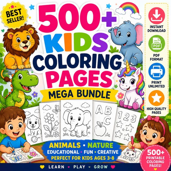 500+ Kids Coloring Book Bundle | Printable Coloring Pages PDF  Preschool Activity Pack | Animal Nature Educational Worksheet Digital Product