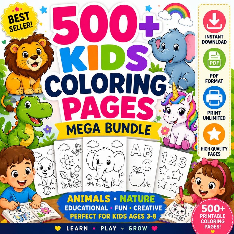 500+ Kids Coloring Book Bundle printable PDF featuring animal coloring pages, preschool activities, educational worksheets, nature coloring pages, and instant digital download.