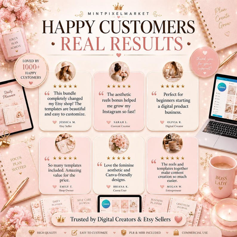 May include: A promotional image with the text "HAPPY CUSTOMERS - REAL RESULTS" and customer testimonials. The image features a laptop, notebooks, a mug, and other stationery items in a soft pink and white color scheme. The image promotes digital products.