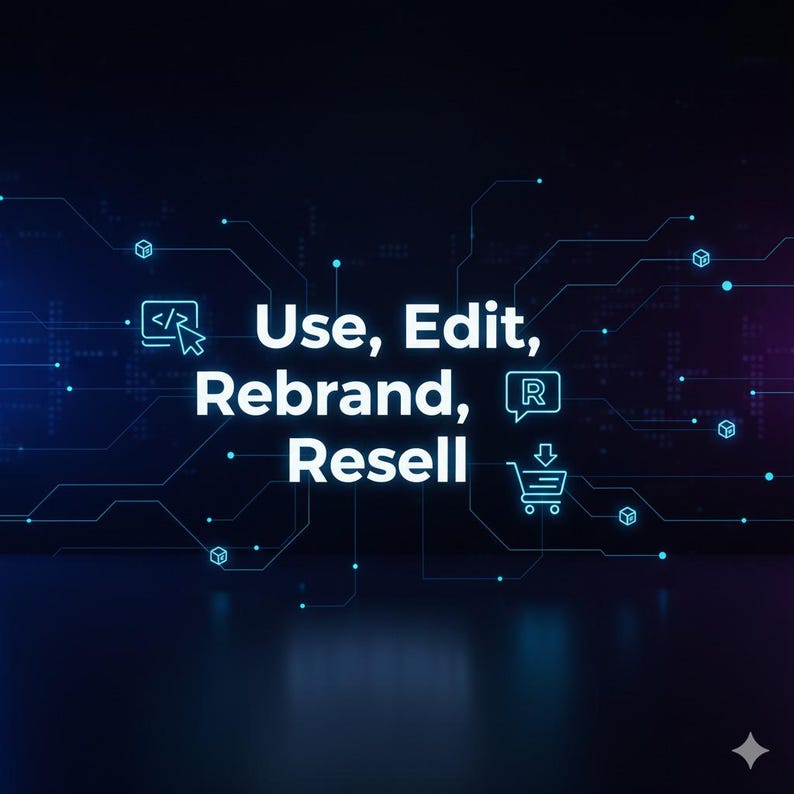 May include: Digital graphic with the words "Use, Edit, Rebrand, Resell" in white text. The background is a dark blue with a circuit board design and small, glowing blue squares and lines.