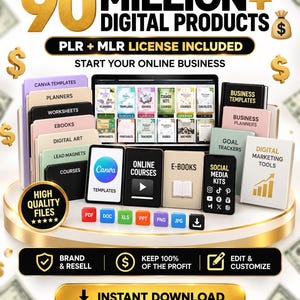 Peut inclure: Un ensemble de produits numériques comprenant plus de 90 millions d'articles avec licences PLR et MLR. L'affichage comprend divers dossiers étiquetés Canva Templates, Planners, Worksheets, Ebooks, Digital Art, Lead Magnets, Courses et Business Templates.