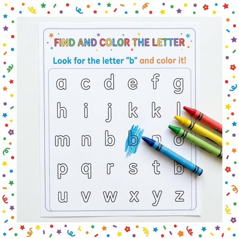 Peut inclure: Une feuille de travail blanche avec le texte "FIND AND COLOR THE LETTER" et l'invite "Recherchez la lettre 'b' et coloriez-la !". La feuille de travail pr&eacute;sente une grille de lettres minuscules. Un crayon bleu colore la lettre "b". Trois autres crayons sont visibles.