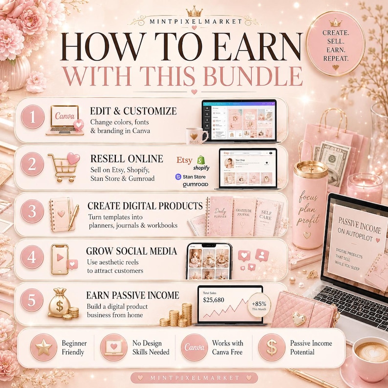 May include: Pink and gold graphic with the text "HOW TO EARN WITH THIS BUNDLE." The image details steps to edit, resell, create digital products, grow social media, and earn passive income. Includes laptops, phones, and journals.