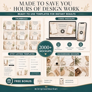 May include: A promotional image showcasing digital templates for Etsy sellers. The image features mockups of planners, journals, and other printable products. The text highlights the templates' features and the inclusion of video mockups and background mockups.